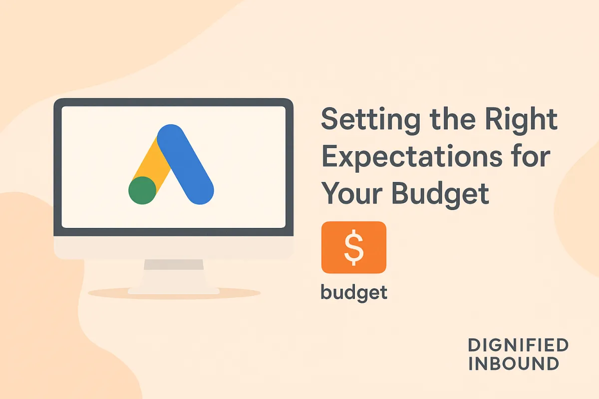 Flat vector illustration showing a Google Ads screen and budget icon, symbolizing setting realistic ad budget expectations for funeral homes.