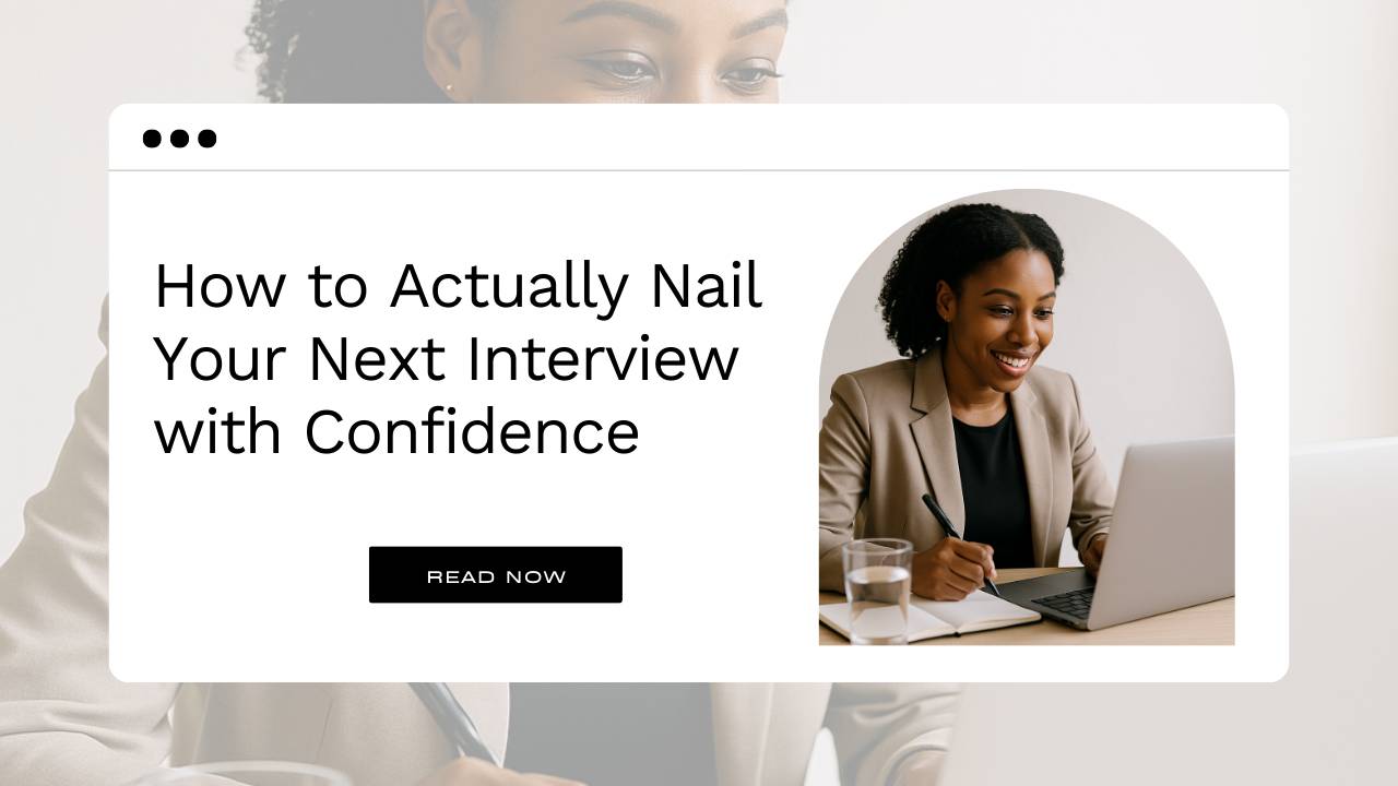 A confident Black woman preparing for a virtual job interview on her laptop with notes and a glass of water nearby.