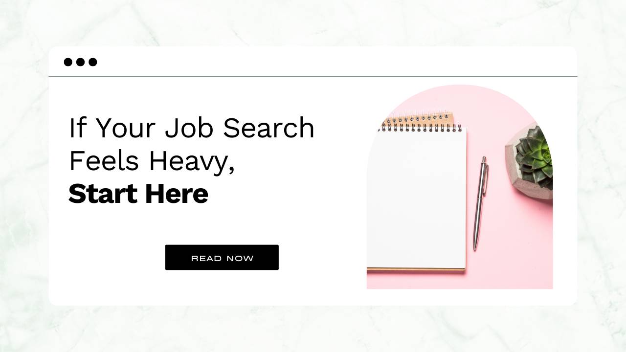 Flat lay of job search tools including a planner, laptop, coffee mug, and notepad for organizing applications and tracking progress