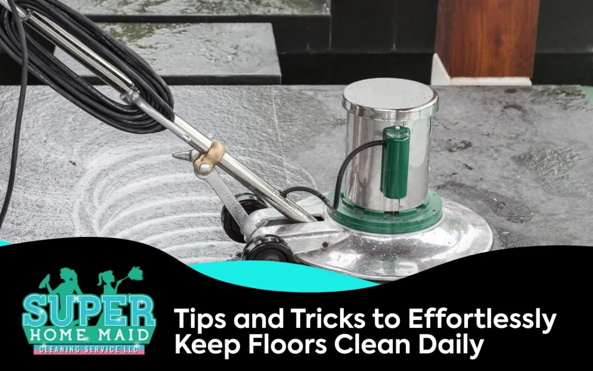 Essential floor cleaning tools including vacuum, microfiber mop, and broom