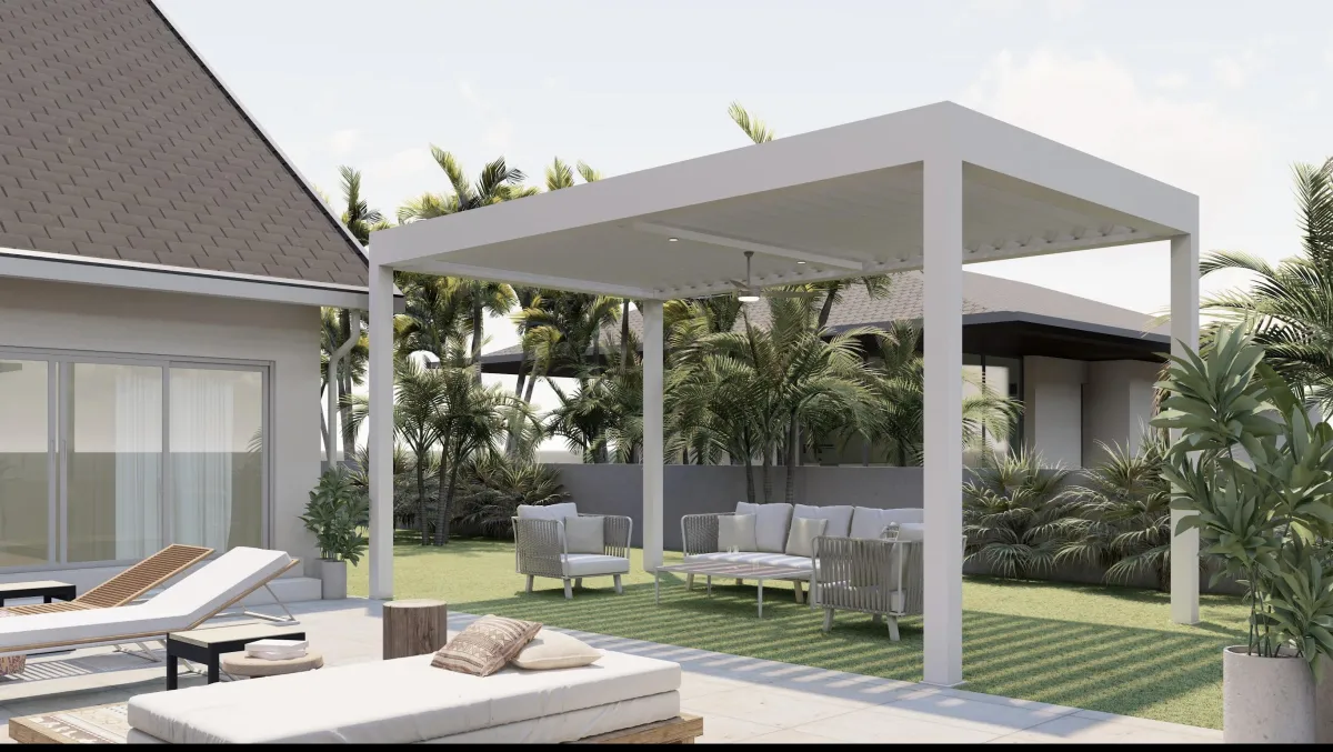  A serene patio featuring a stylish pergola and comfortable lounge chairs for relaxation and outdoor enjoyment.