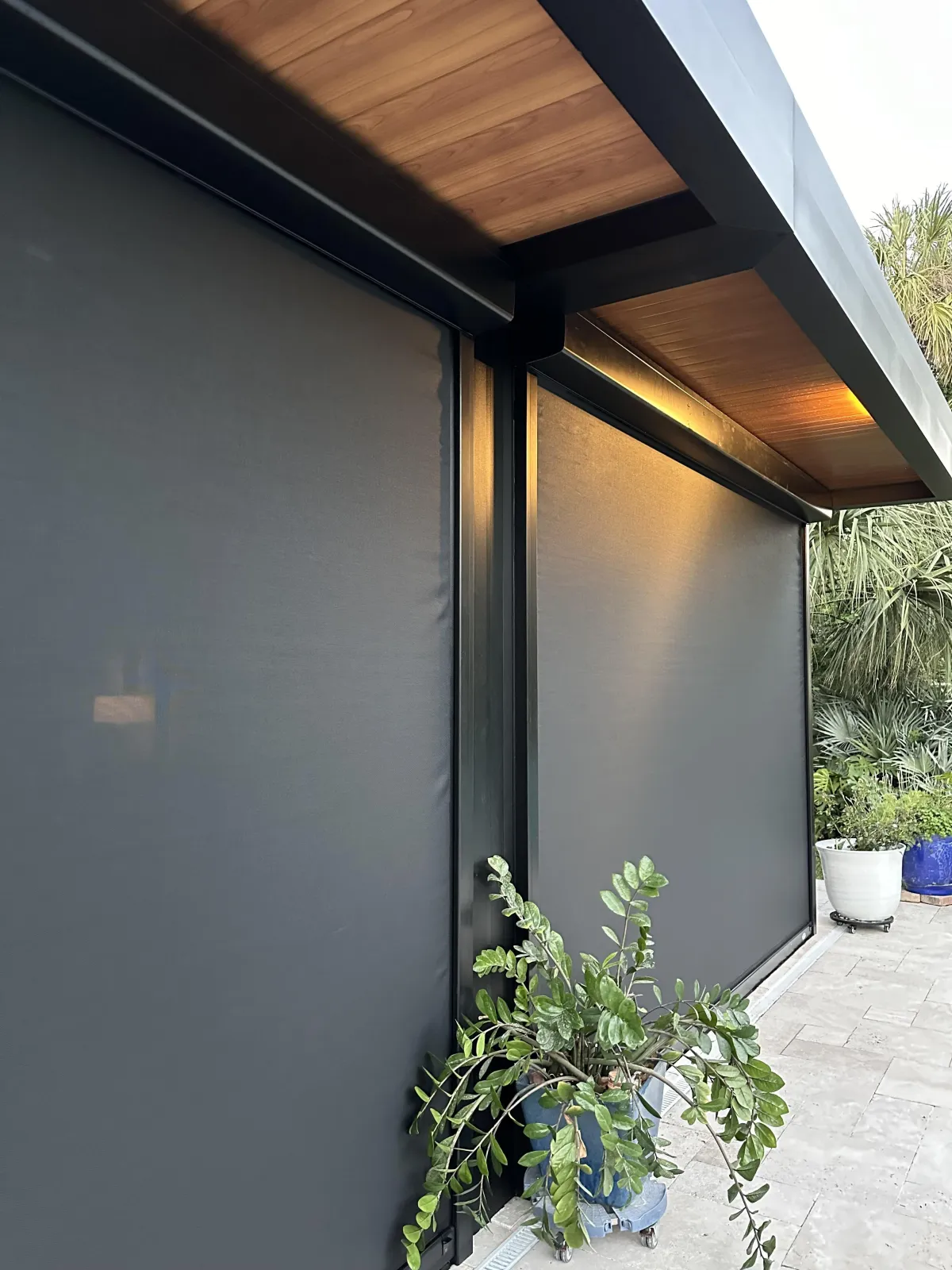 A serene patio featuring a black screen surrounded by lush green plants, creating a tranquil outdoor space with Pergolas.
