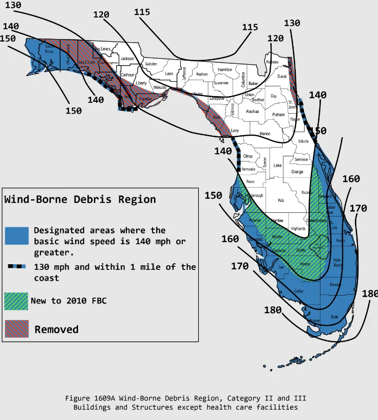 A photo of the state of Florida with Wind Zone Maps.  Blue Green tip by Miami Dade and Broward Counties