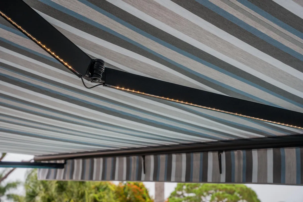 Feature of blue and wight fabrick on an awning Stylish and Sustainable Awnings.