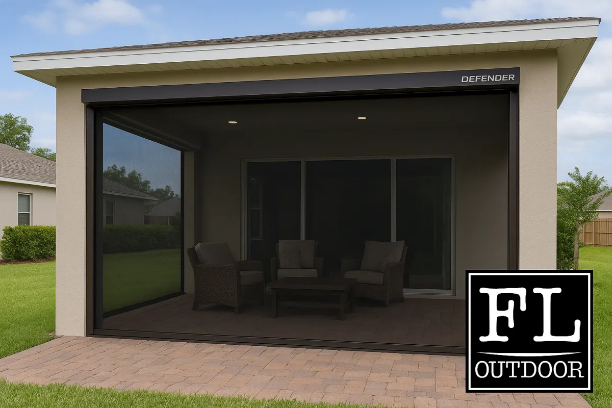 MagnaTrack Defender Hurricane Screen fully deployed over a Florida lanai during daytime, protecting the outdoor living area from wind, bugs, and debris. The modern screen system provides storm protection, UV filtering, and privacy while enhancing the look of the patio. Installed by Florida Living Outdoor, serving Fort Lauderdale, New Smyrna Beach, Davie, and Central Florida. Ideal for hurricane-rated lanai enclosures and smart outdoor living upgrades.