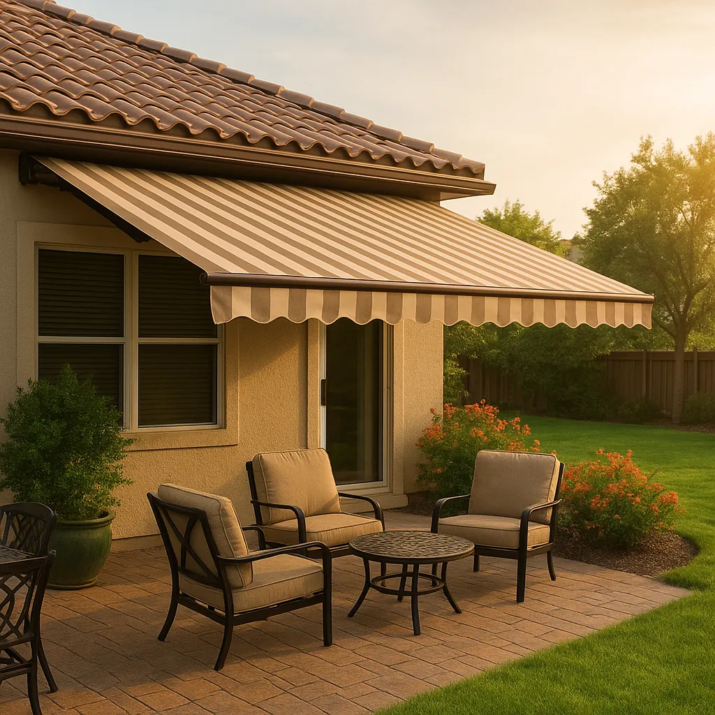 Retractable striped awning providing shade over a sunny Florida patio with cushioned seating—perfect for UV protection, lowering heat, and transforming outdoor space into a comfortable retreat.