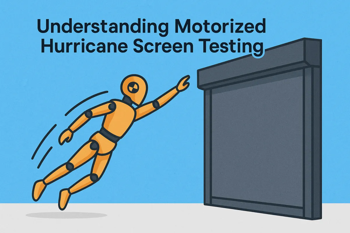 Digital illustration of a crash test dummy flying through the air toward a motorized hurricane screen, simulating an impact test. The screen stands upright in a sturdy frame, and the background features a blue sky with bold black text reading: 'Understanding Motorized Hurricane Screen Testing.