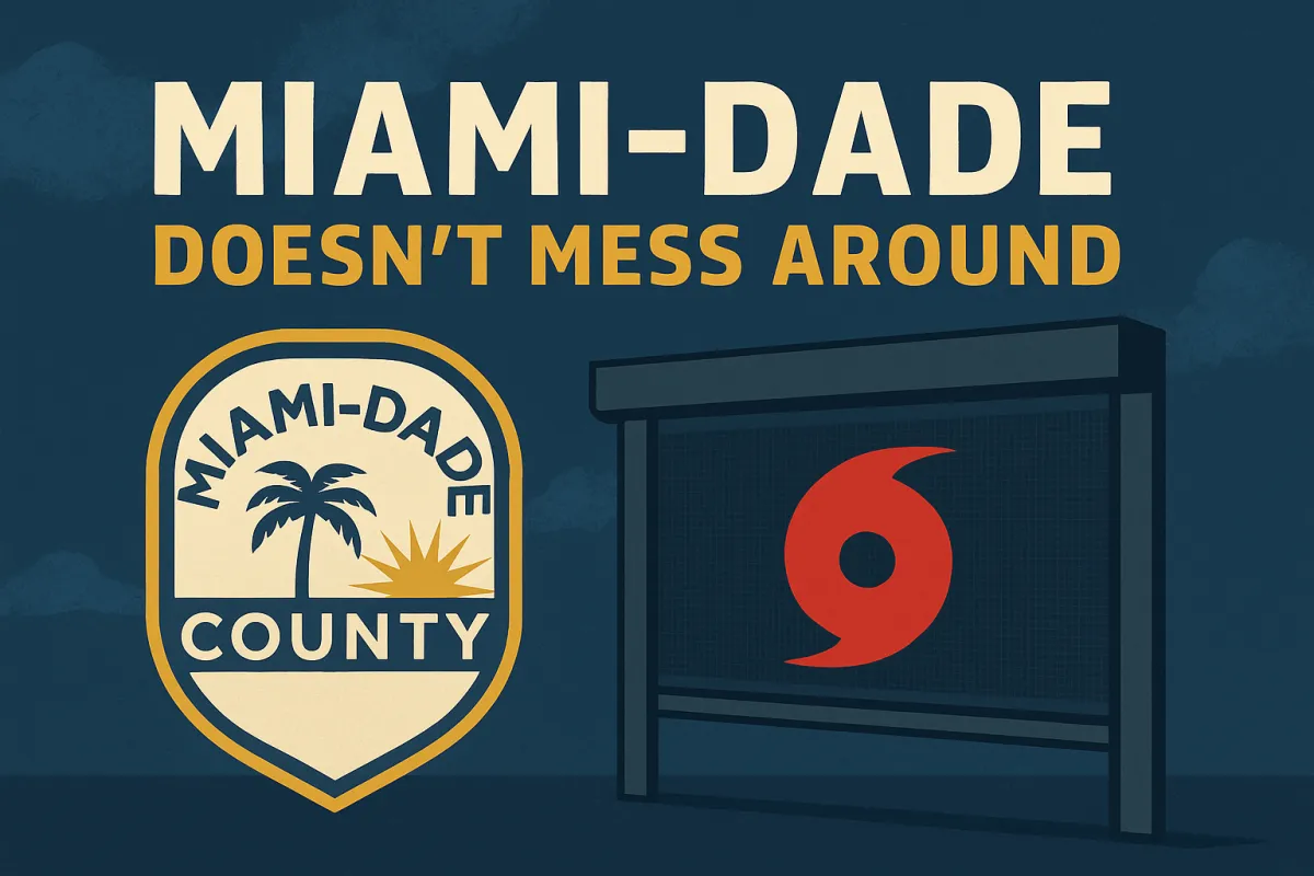 Flat-style digital illustration showing the Miami-Dade County badge beside a hurricane-rated motorized screen with a red hurricane symbol, set against a stormy blue background. Bold text reads: 'Miami-Dade Doesn’t Mess Around,' emphasizing certified hurricane screen standards and HVHZ testing requirements.