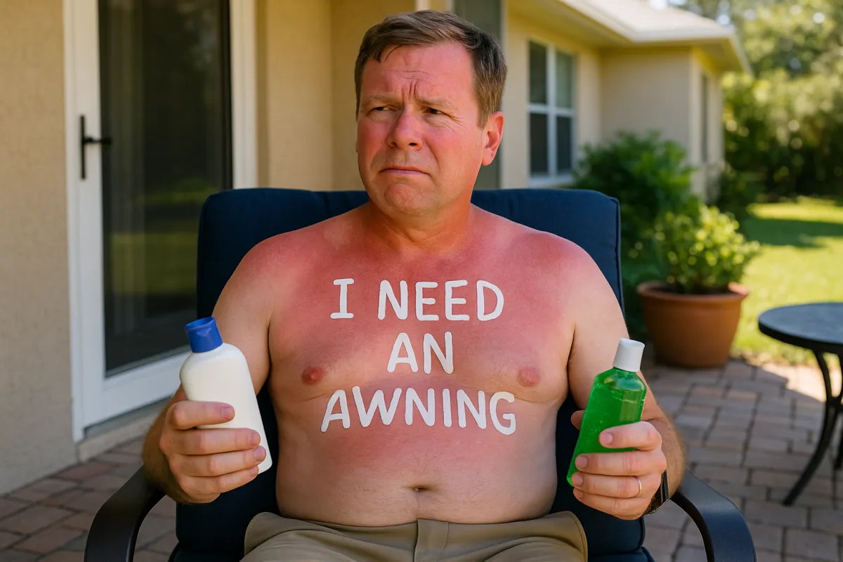Sunburned middle-aged man sitting on a patio lounge chair, holding aloe vera with a frustrated expression. His skin is visibly red with tan lines, showing the effects of intense sun exposure on an unshaded Florida lanai. A humorous take on backyard sunburn problems in need of a motorized awning.
