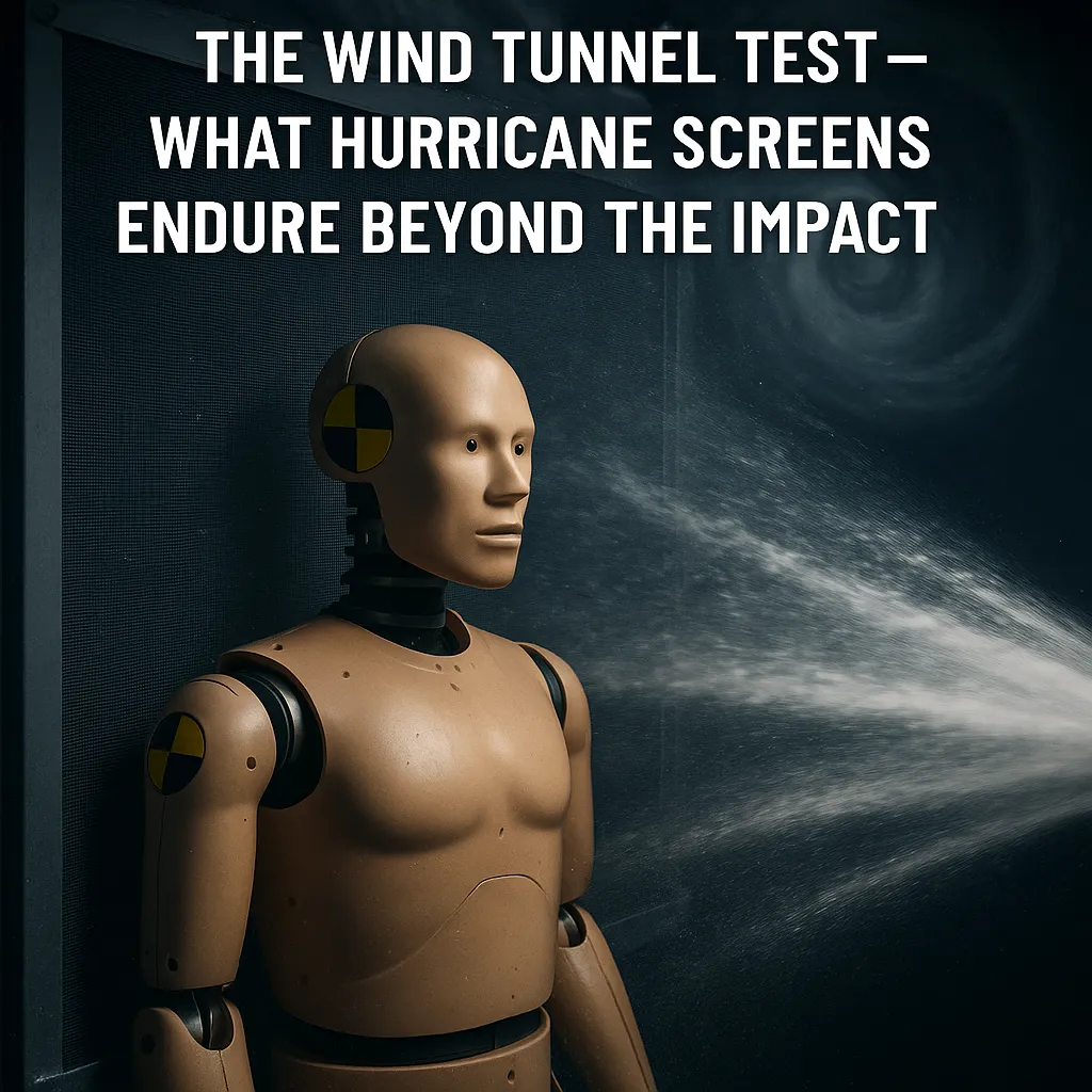 Crash test dummy standing behind a hurricane screen in a high-pressure wind tunnel, showcasing TAS 202 and ASTM E330 testing for hurricane screens. Demonstrates wind resistance, impact endurance, and storm-ready protection — part of the Florida Living Outdoor crash test dummy blog series on hurricane screen standards.