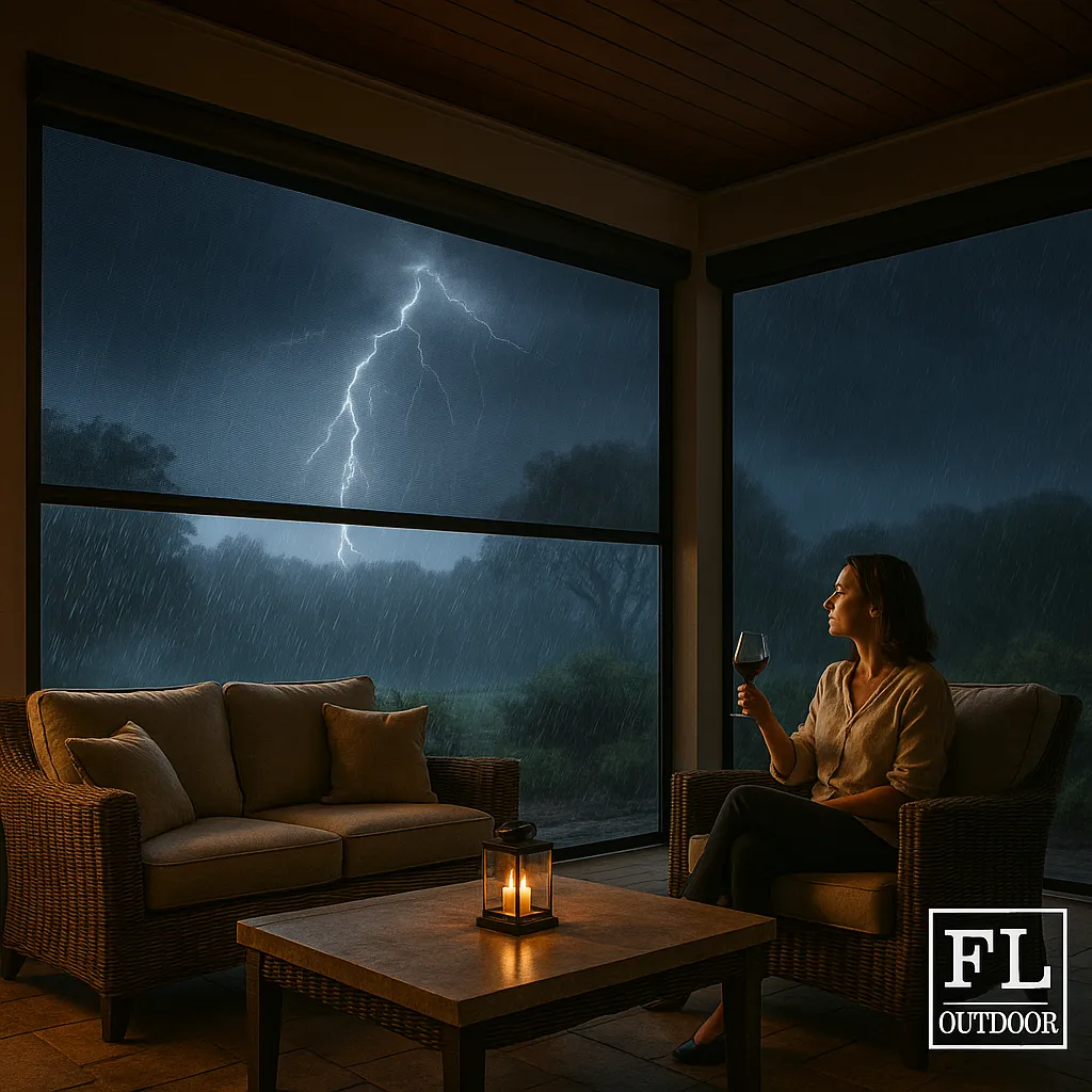 A hyper-realistic photo of a luxury Florida patio during a thunderstorm. Motorized screens are lowered, blocking wind and rain while the interior remains dry and comfortable. Inside, modern furniture and a glowing fire feature create a calm, inviting atmosphere. The FL Outdoor logo appears subtly on the scene.