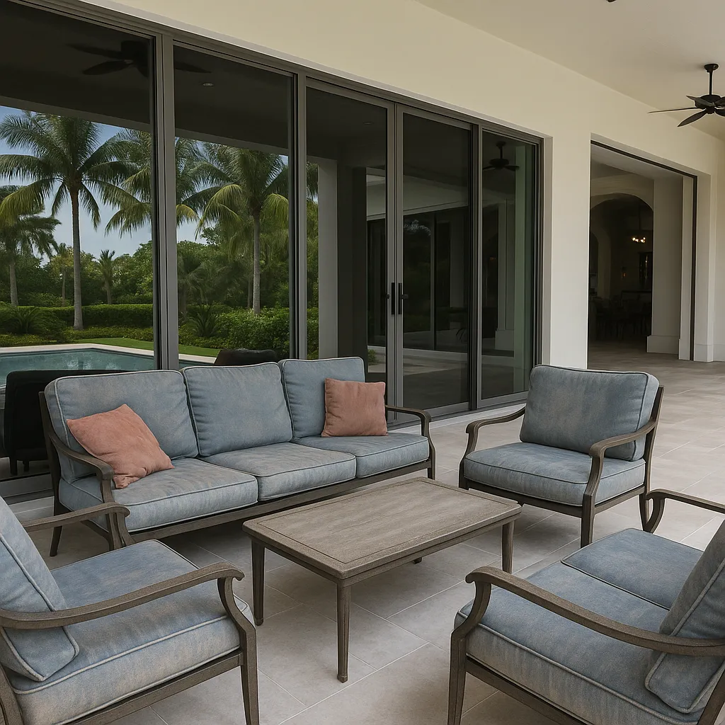 Luxury South Florida lanai featuring faded blue outdoor furniture with terracotta accent pillows, arranged around a coffee table overlooking a tropical pool and palm trees, under a covered patio with ceiling fans and sliding glass doors.