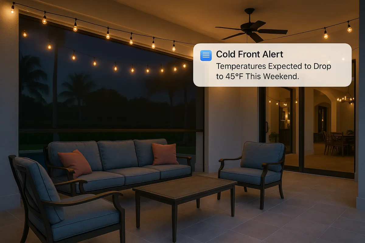 A luxury South Florida patio at dusk featuring elegant outdoor furniture with blue cushions and orange pillows, string lights glowing softly overhead, and a smartphone displaying a cold front alert, all set against a tropical backdrop with palm trees and warm house lighting.