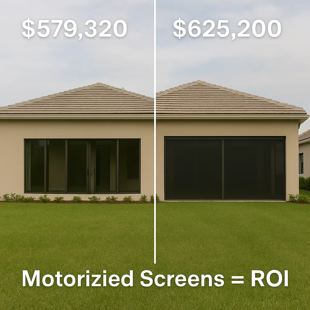 Side-by-side view of two nearly identical South Florida homes from the backyard. The left house, labeled “$579,320 (No Screens),” has an open patio with sliding glass doors, while the right house, labeled “$625,200 (With Motorized Screens),” features a sleek, enclosed lanai. Text at the bottom reads “Motorized Screens = ROI.”