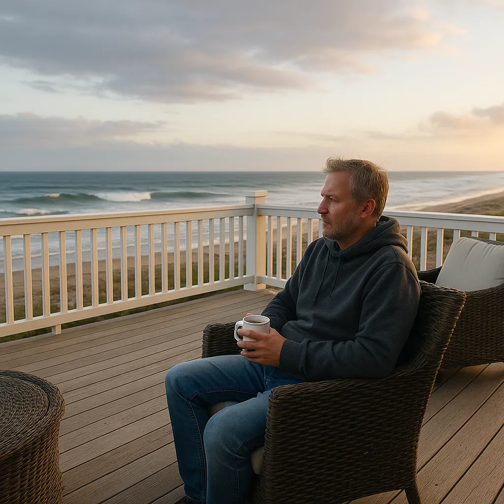 A man sits on a wicker chair holding a cup of coffee on a wooden deck overlooking the ocean at sunrise. He wears a hoodie against the cool coastal breeze, gazing thoughtfully toward the waves under soft golden light.
