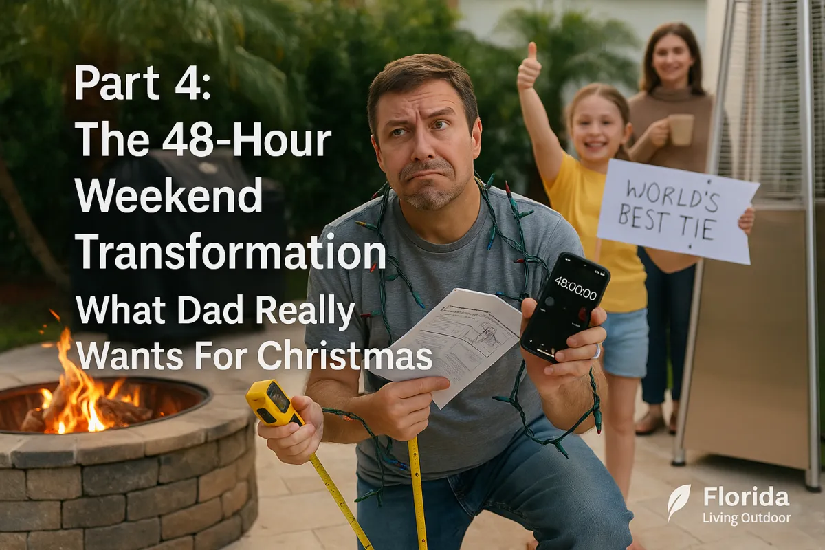 A cheerful dad stands on his newly transformed patio, proudly holding a spatula in one hand and a coffee mug in the other while surrounded by string lights, a glowing fire pit, and cozy furniture. The scene captures a funny, feel-good moment of weekend success—proof that a 48-hour backyard makeover can truly make Dad’s Christmas.