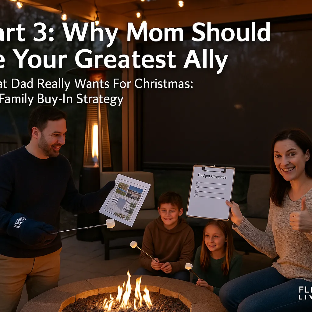 Your Part 3 cover image is ready! It’s a warm, funny scene at dusk: Mom gives a thumbs-up with a “Budget Checklist,” Dad (in oven mitts) roasts a marshmallow with the kids by the fire pit under a pergola, string lights glowing, patio heater in the background. Title overlay includes: “Part 3: Why Mom Should Be Your Greatest Ally” “What Dad Really Wants For Christmas: The Family Buy-In Strategy” If you’d like, I can also export a 600×400 version (blog), 1200×630 (OG), and 1080×1350 (Instagram) with safe margins so text won’t crop. Want alt text and a 200-character preview next?