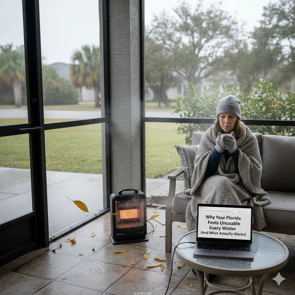 A woman huddled in a blanket with a space heater on a cold Florida screened lanai. The image illustrates why outdoor living spaces feel unusable in winter, featuring the blog title "Why Your Florida Lanai Feels Unusable Every Winter" on a laptop screen. The background shows a typical Florida residential backyard through a screen enclosure, highlighting the need for winter heating solutions or lanai weatherproofing.
