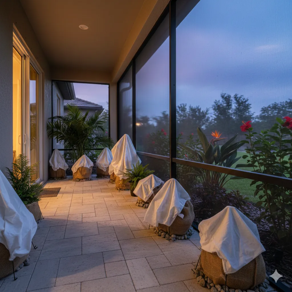 High-angle shot of a Florida screened-in lanai and patio during a cold front, featuring potted tropical plants covered in white frost cloth and burlap insulation to prevent freeze damage. The scene shows homeowner winter prep with warm interior lighting and a twilight sky background, emphasizing plant protection and winterizing a Florida home.