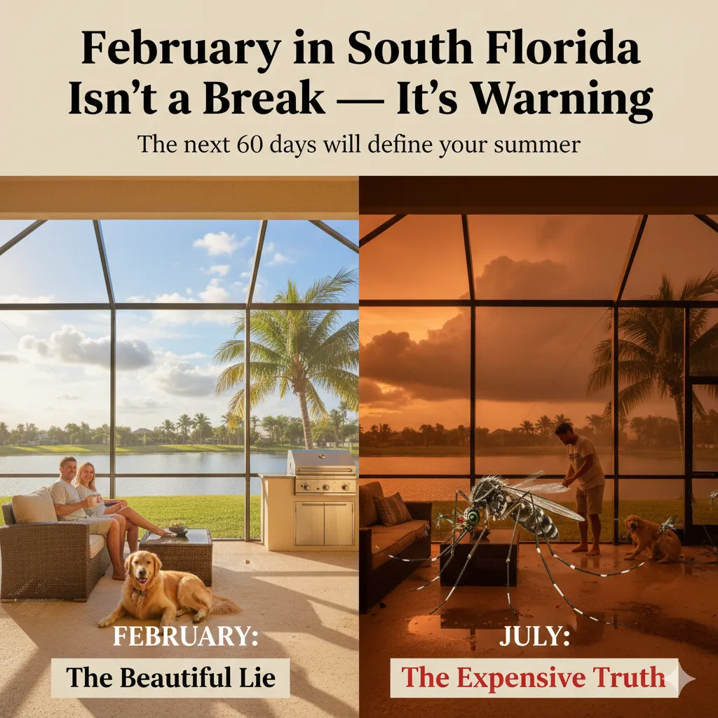 Split image comparing a South Florida patio in February versus July. Left side shows a couple relaxing with their dog on a bright, comfortable patio overlooking a lake. Right side shows the same patio in July with a stormy orange sky, a giant mosquito in the foreground, and a homeowner hosing down wet floors. Text reads February: The Beautiful Lie and July: The Expensive Truth.