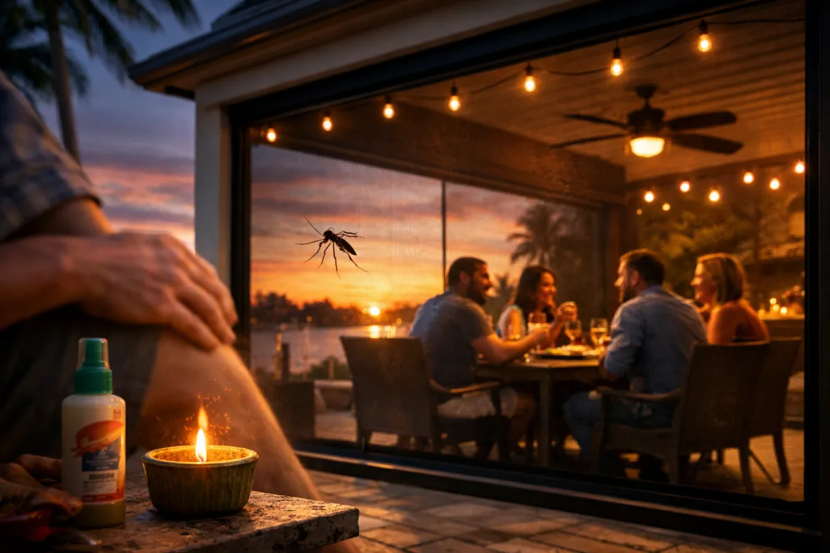 South Florida patio dinner split image — a perfect evening on the left interrupted by mosquitoes and rain on the right, with guests driven inside and an aggressive mosquito dominating the foreground, illustrating the year-round mosquito reality that steals outdoor evenings from March through November.