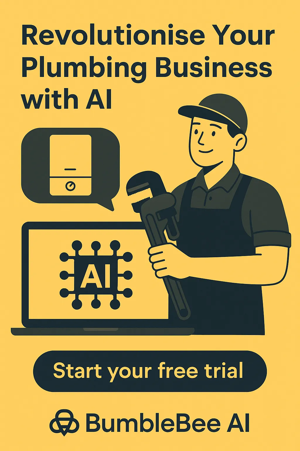 Plumber using a tablet powered by BumbleBee AI to diagnose a boiler issue in a British home.