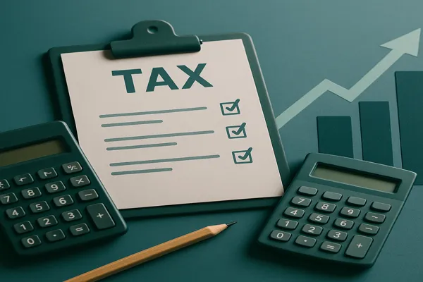 A neatly arranged flat lay of tax preparation tools including a green calculator, pencil, and a clipboard marked “TAX” with checkboxes, set against a teal background with a rising bar graph—symbolizing financial organization and tax planning.