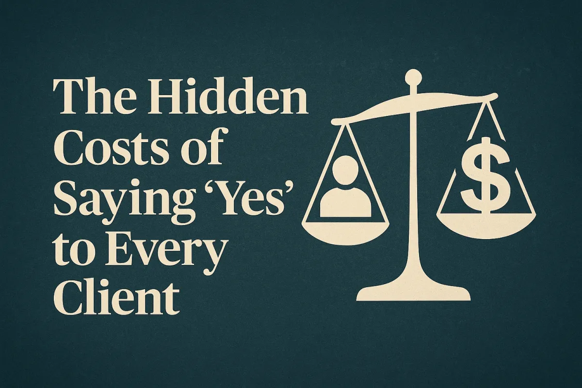Illustration of an unbalanced scale with a person icon on one side and a dollar symbol on the other, representing the emotional and financial costs of saying yes to every client in a tax business.