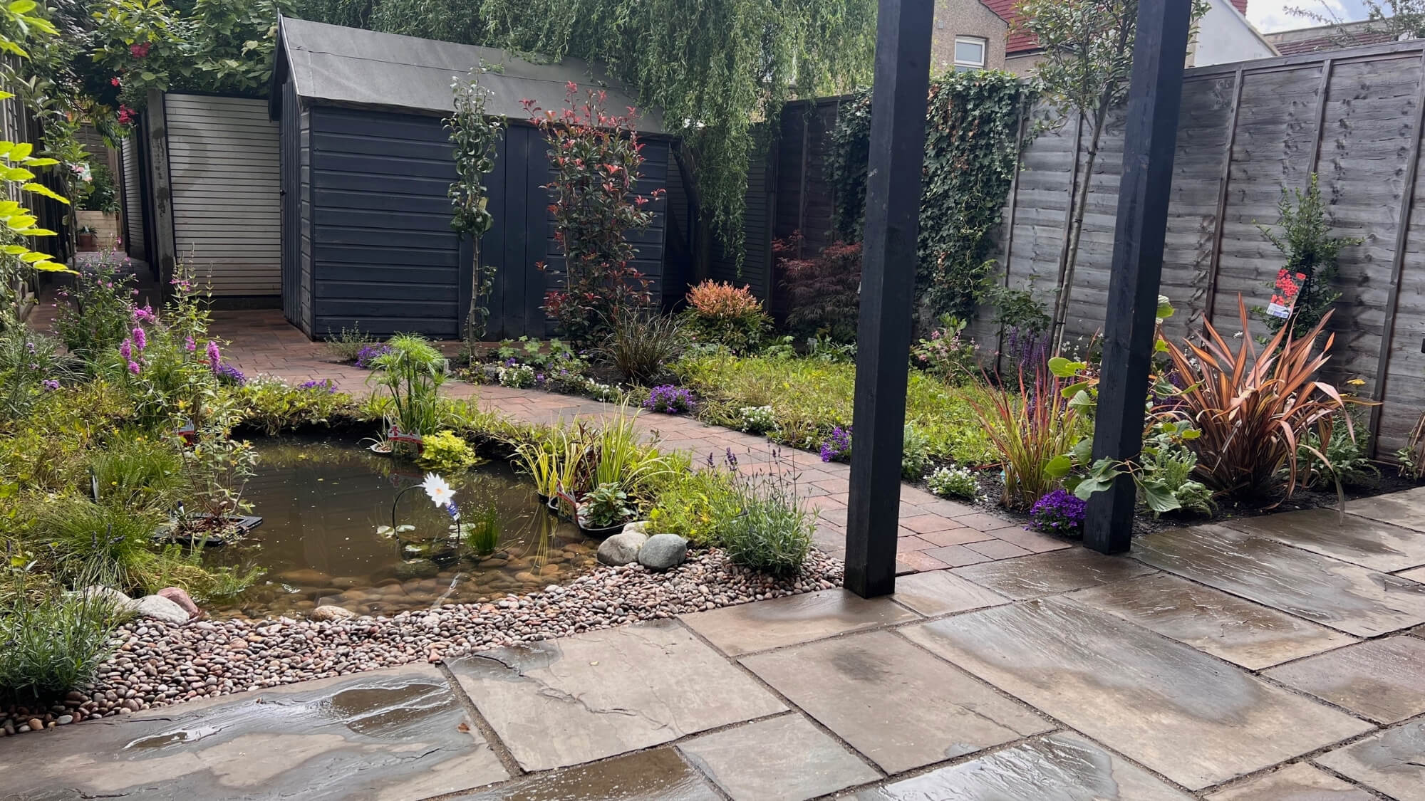 Garden pond with mixed planting creating habitat for wildlife