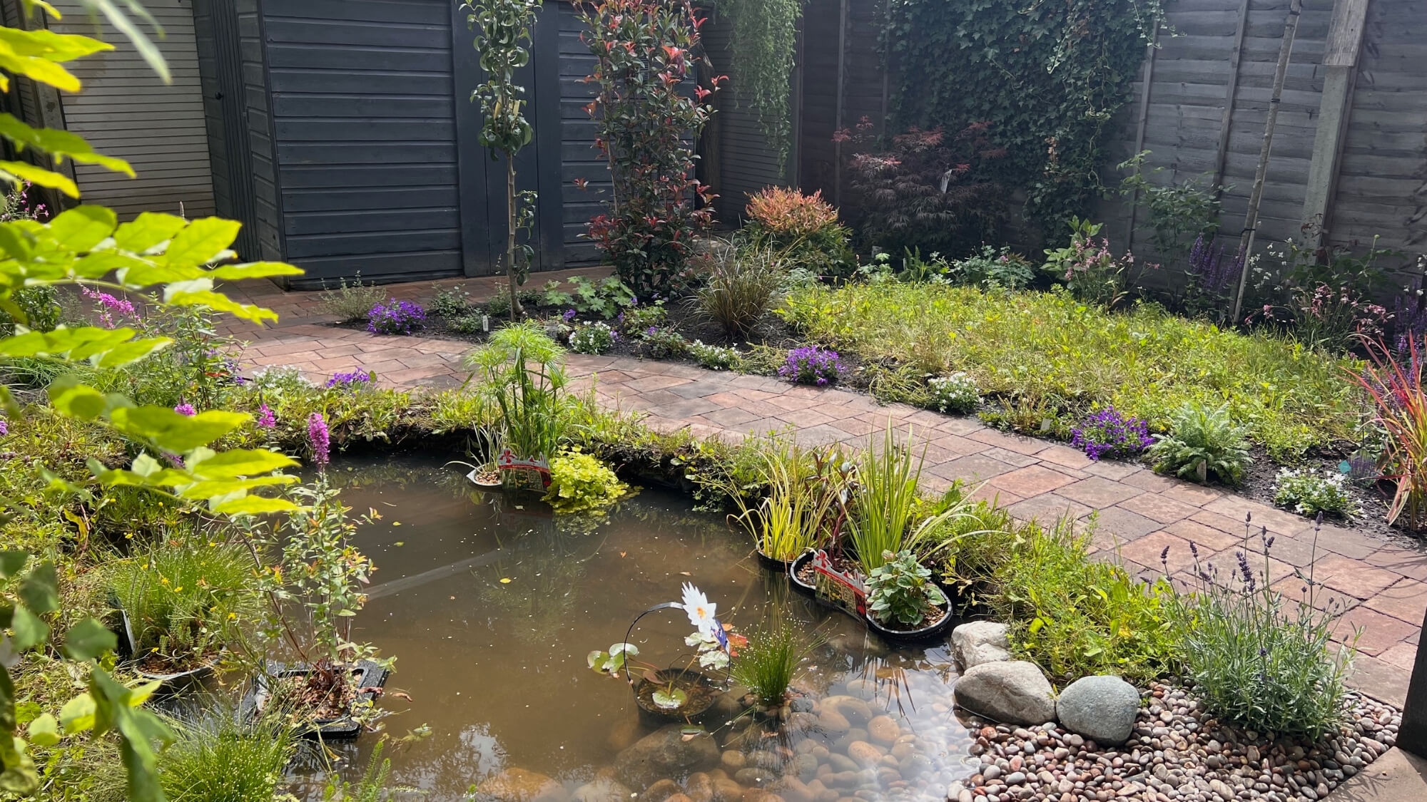 Mature planting, seasonal flowers and ecological garden features after full design and build