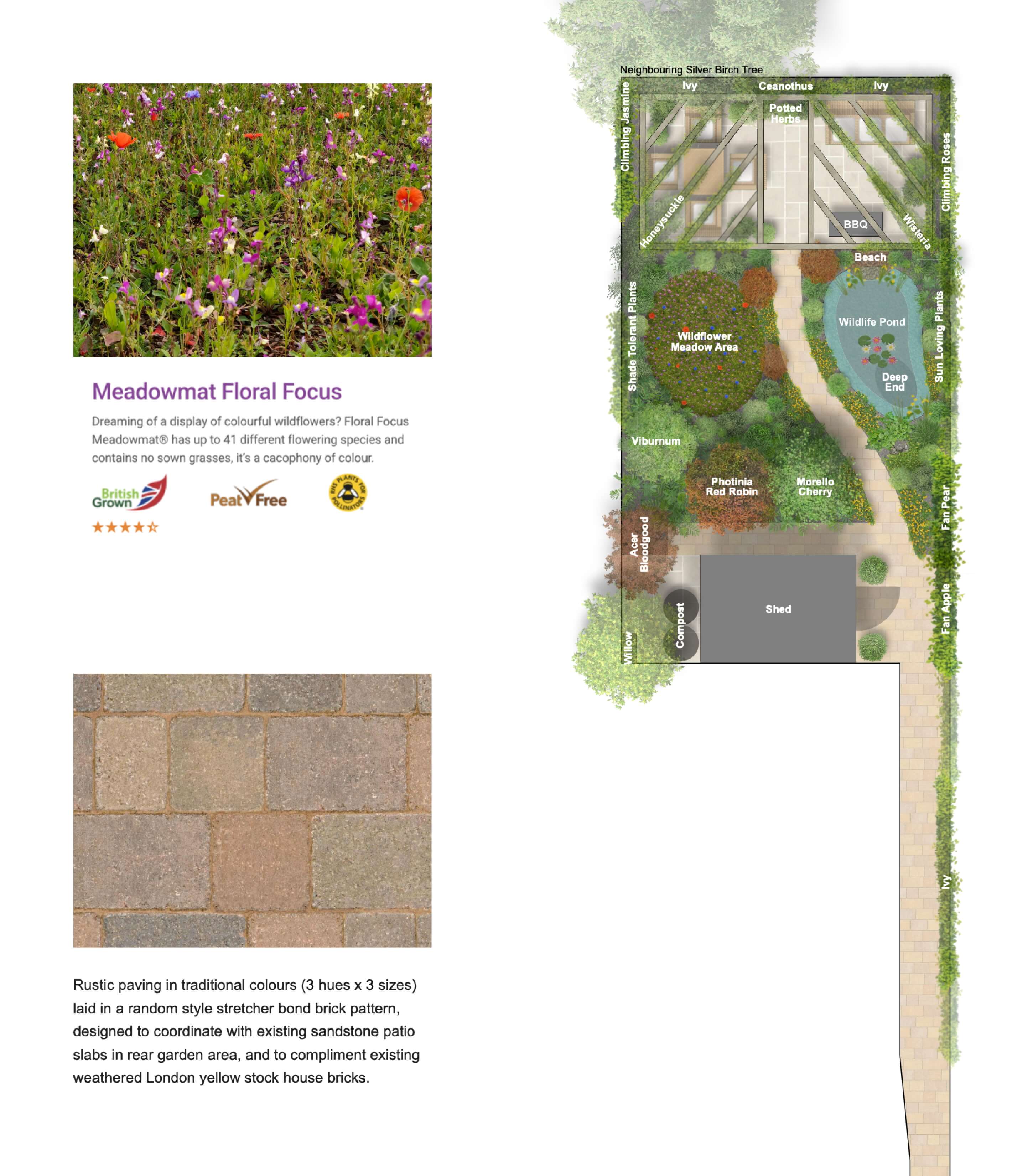 Detailed planting plan and materials board for wildlife garden design