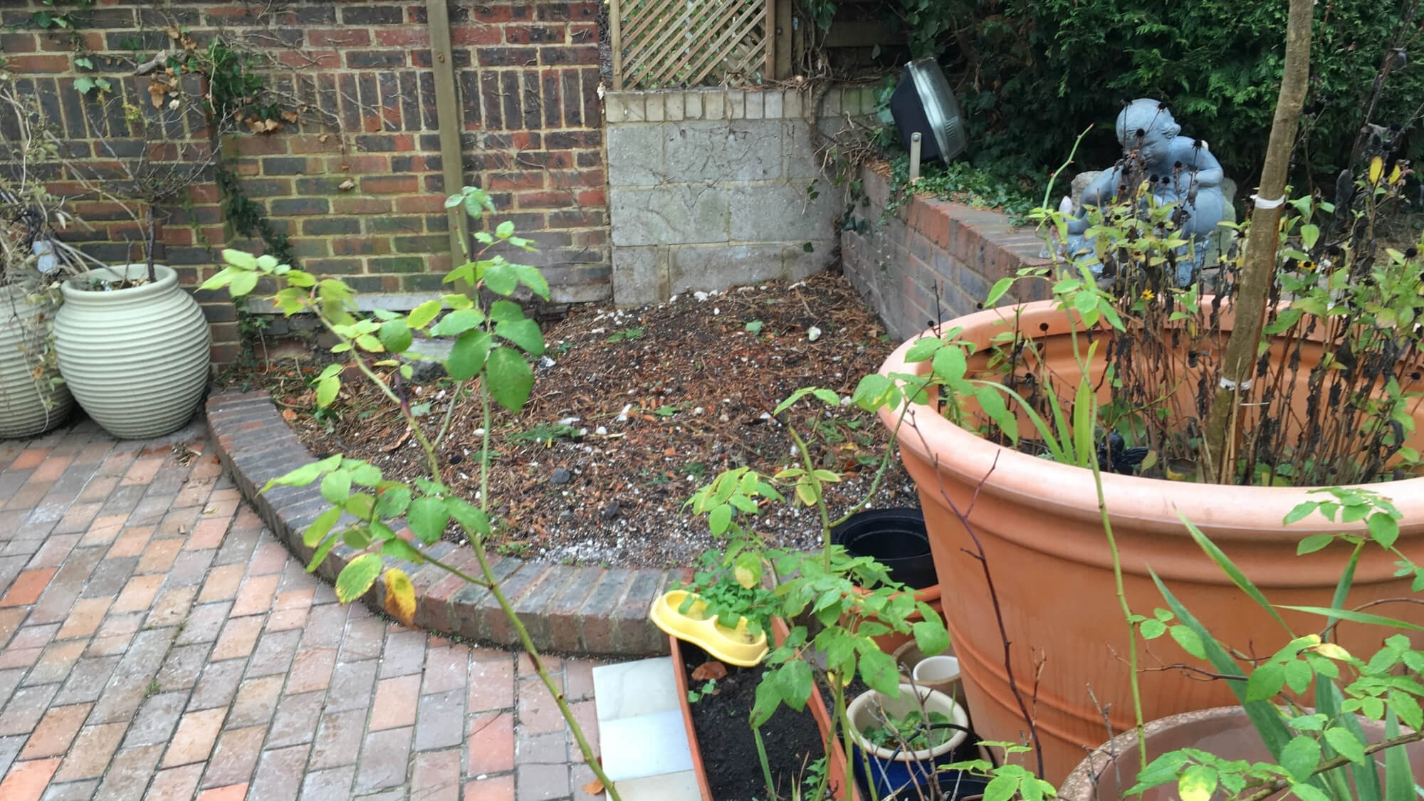 Before: cluttered patio corner in a South London garden prior to redesign, new paving and planting improvements