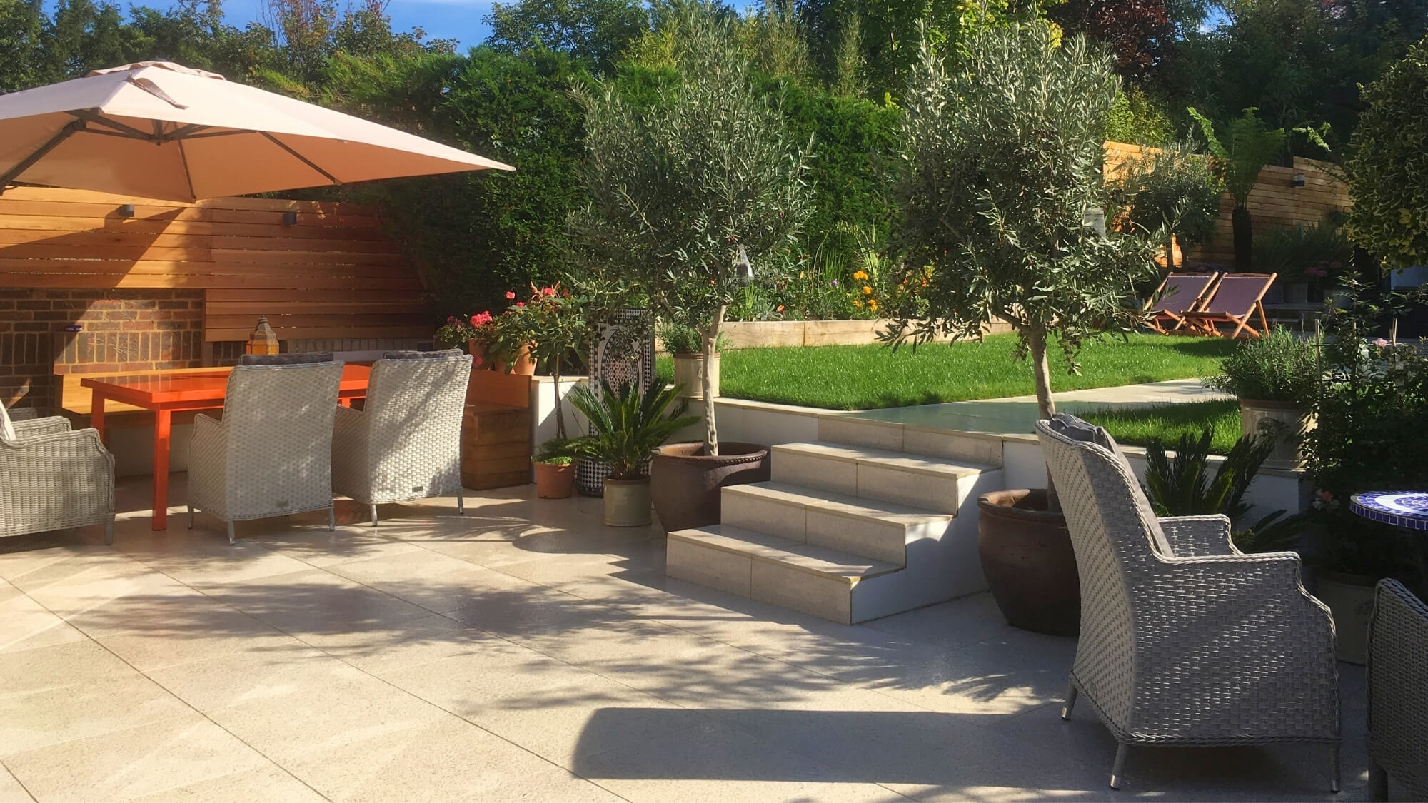 Design-led garden landscaping in Carshalton with porcelain paving, steps and olive tree planters by EarthCare Gardens
