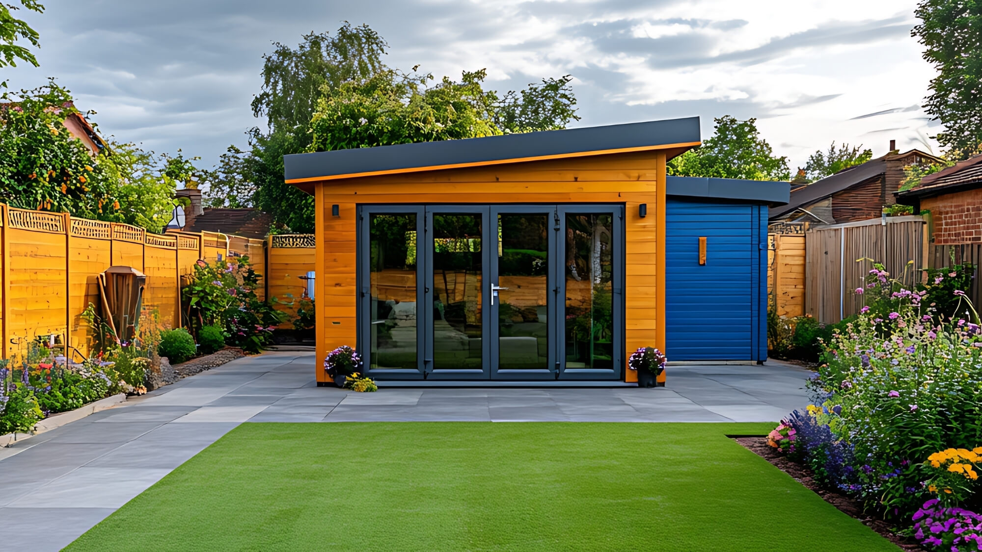 Bespoke timber garden room set within landscaped lawn, eco-friendly garden building by EarthCare Gardens, Wallington