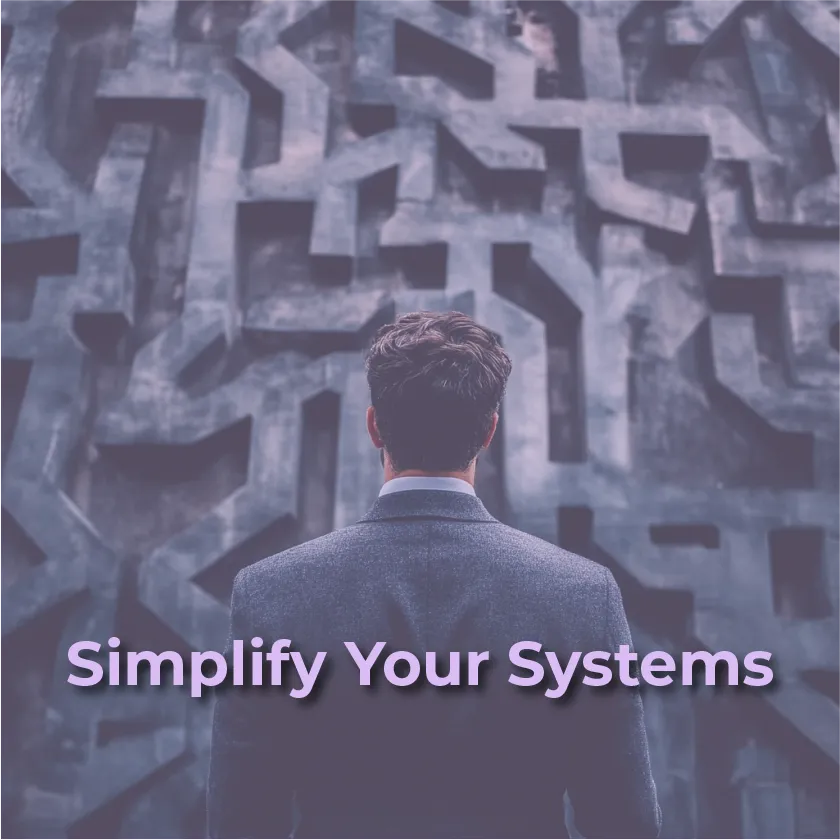 The image shows a person in a suit standing with their back to the viewer, looking at a complex, maze-like wall. The text "Simplify Your Systems" is overlaid in purple font at the bottom of the image. The overall color scheme is dark and cool, with shades of grey and purple.