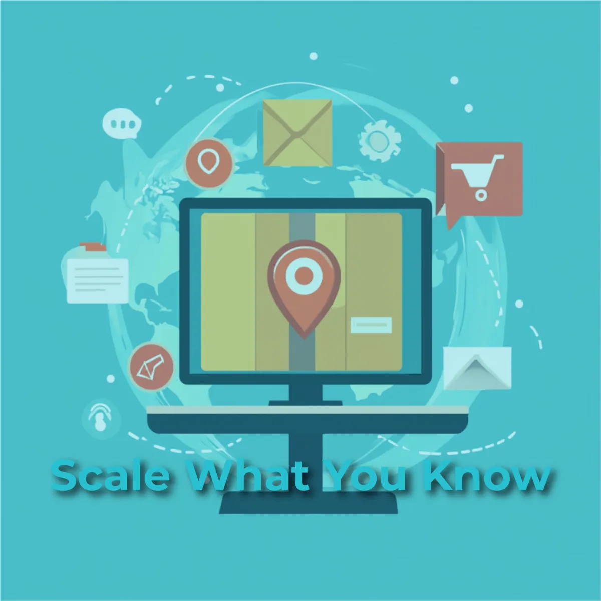 A digital illustration with a blue background and a translucent globe. In the center, a desktop computer screen displays a map with a prominent red location pin. Surrounding the computer are various icons, including an open envelope, a shopping cart, a speech bubble, and a document. The text "Scale What You Know" is prominently displayed at the bottom of the image.