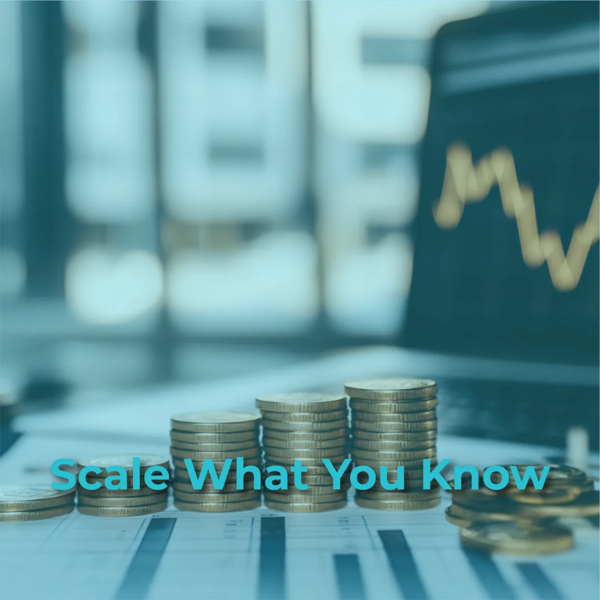 A slightly desaturated image features three stacks of gold coins, progressively taller from left to right, sitting on a table covered with what appears to be a financial document or chart. In the background, out of focus, is a laptop screen displaying a stock market graph with a fluctuating line. The overall lighting suggests an office or professional setting. Overlaying the bottom portion of the image in a light blue, sans-serif font are the words "Scale What You Know."