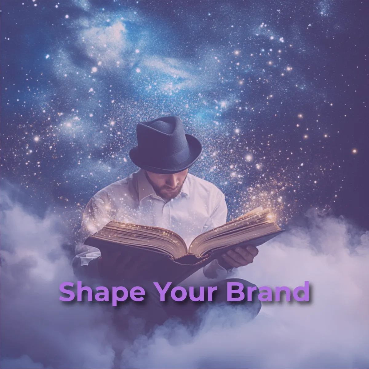 A person in a dark fedora and white shirt sits amidst wispy clouds, engrossed in reading a large, open book from which golden light emanates. Above them, a dark, starry night sky is filled with nebulae and celestial bodies. The text "Shape Your Brand" is overlaid in purple at the bottom of the image.