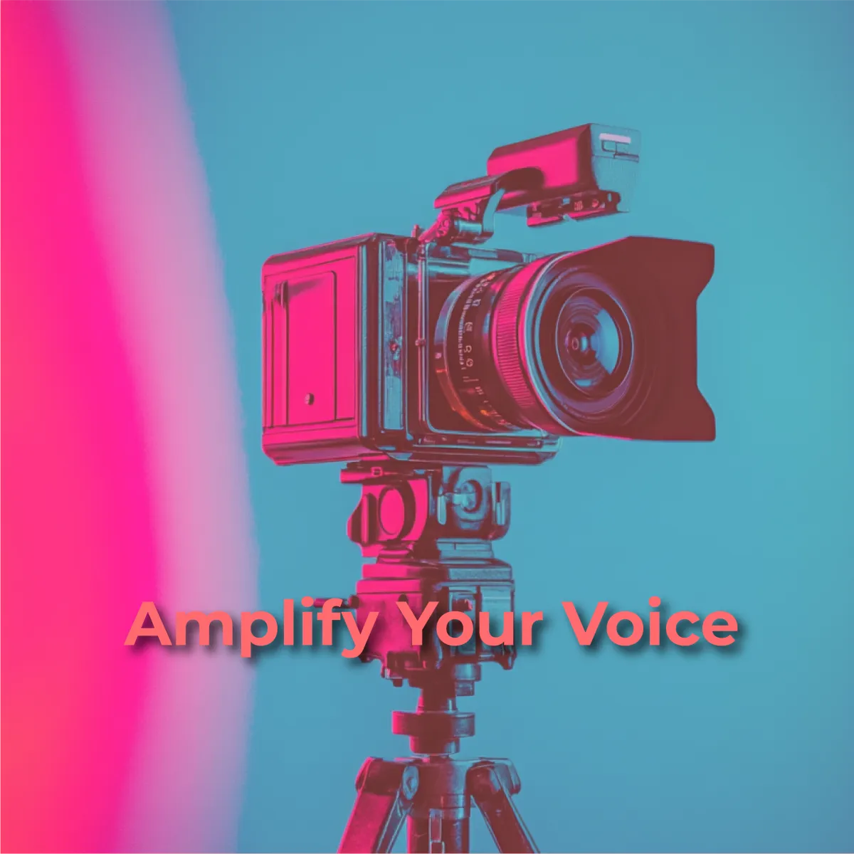 A professional video camera on a tripod, illuminated with a vibrant pink and blue light, with the text "Amplify Your Voice" in a bright pink font across the bottom.