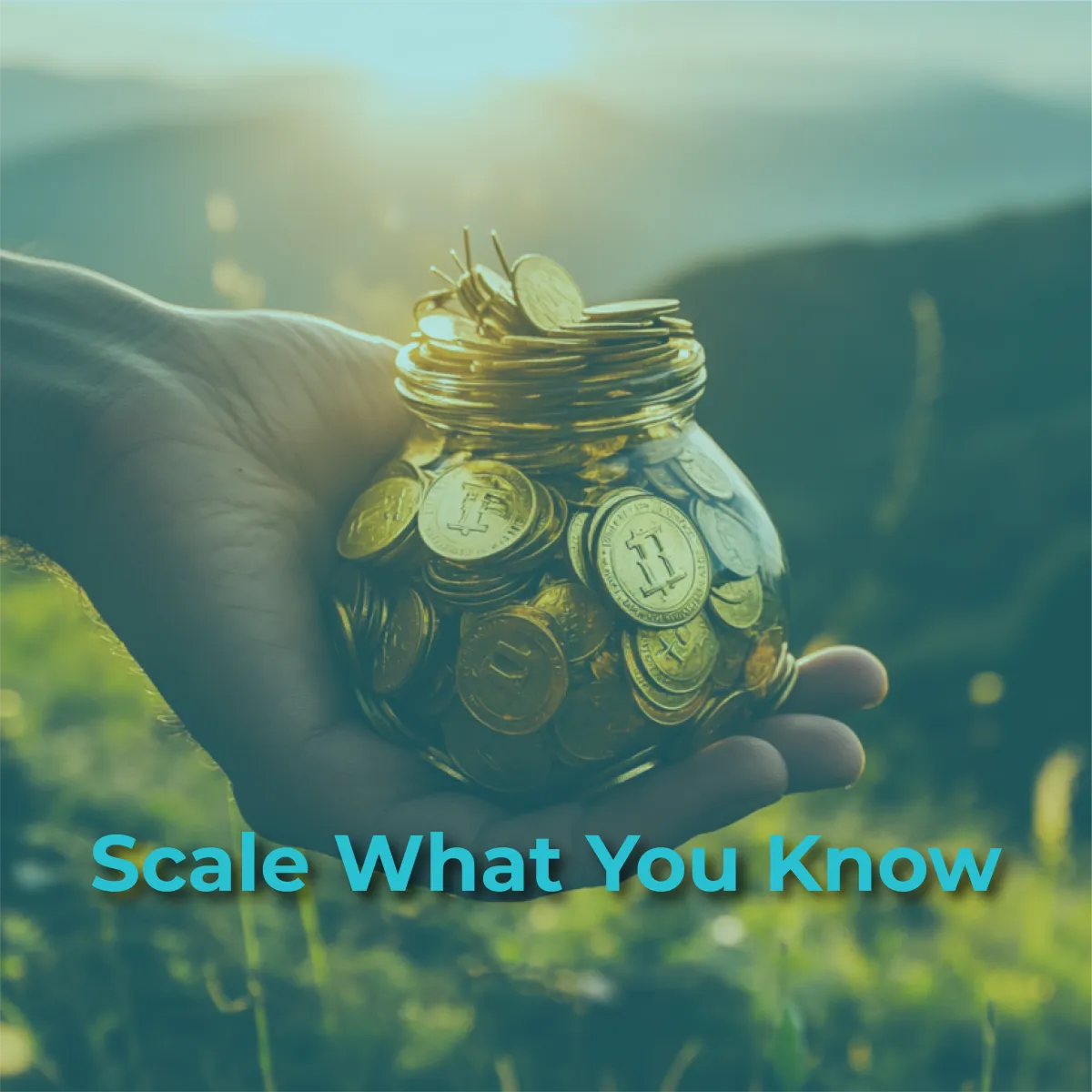 A hand holds a glass jar overflowing with golden coins, bathed in warm, golden sunlight. The background is a softly blurred outdoor scene with green foliage and distant hills, suggesting nature and prosperity. The words "Scale What You Know" are superimposed in a bright blue color across the bottom of the image.