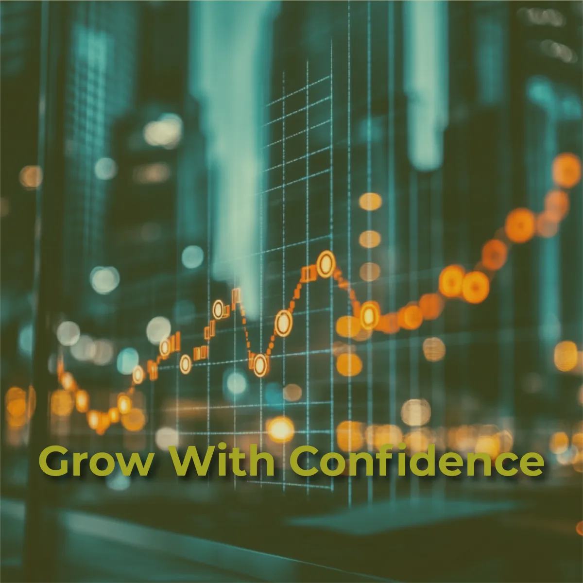 A digital overlay of an orange-glowing line graph with circular data points is superimposed over a blurred background of modern city buildings at night, filled with warm lights. The graph shows an upward trend, symbolizing growth or positive data. The overall image has a dark, teal-blue filter. The words "Grow With Confidence" are superimposed in a lime green color across the bottom of the image.