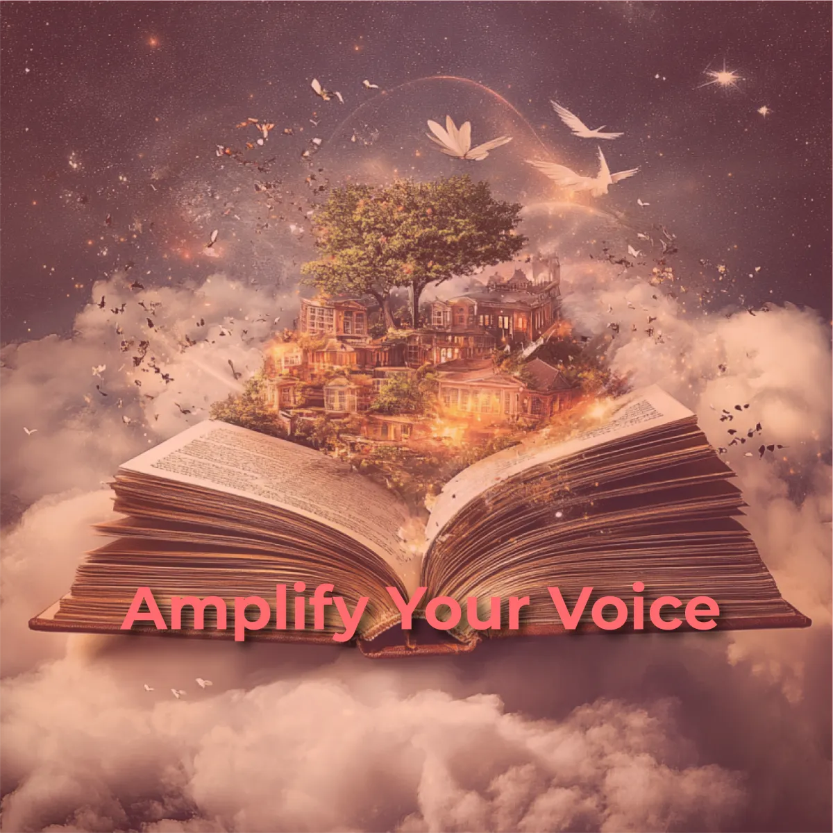 A fantastical image features a large, open book from which a miniature, whimsical village with houses and a tree appears to grow, resting on a bed of fluffy clouds. Several white birds and butterflies fly around the scene, which is set against a dreamy, star-filled sky with pink and purple hues. The words "Amplify Your Voice" are superimposed in a reddish-pink color across the bottom of the image.