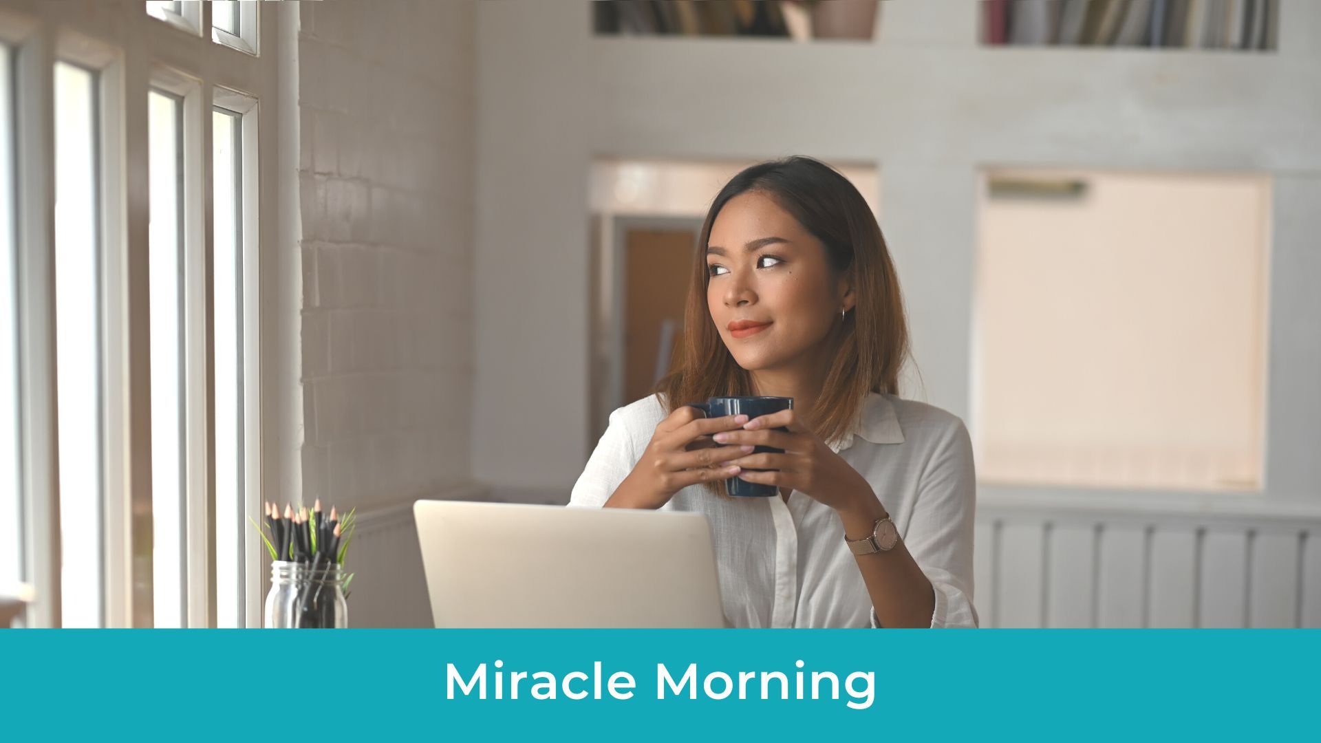 woman enjoying a calm morning routine with coffee and journal, reflecting on daily habits