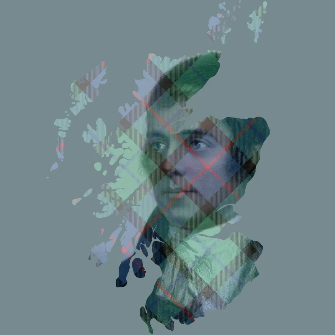 A blended image of Robert Burns and an outline of Scotland