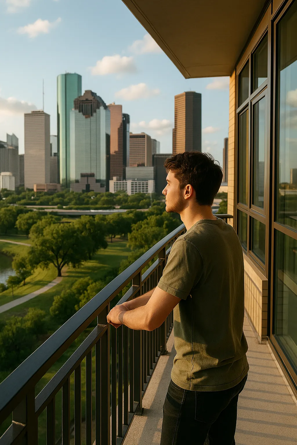 Skyline view of Houston with modern high-rise apartments in 2025.