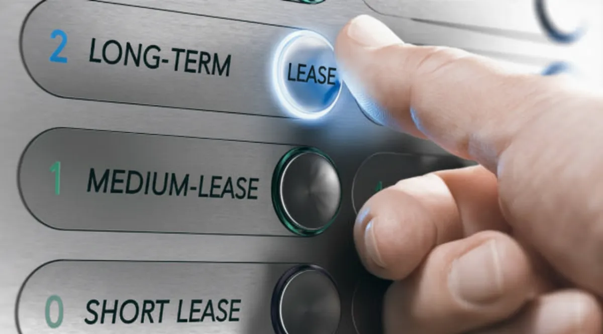 A finger presses a glowing 'LEASE' button next to 'LONG-TERM' on a control panel, with 'MEDIUM-LEASE' and 'SHORT-LEASE' below.