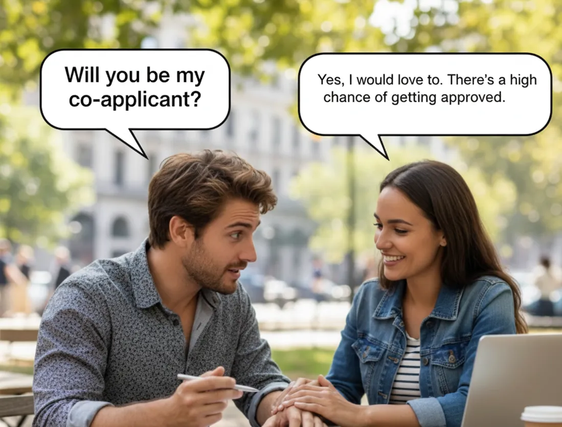 Happy couple discusses a co-applicant mortgage application and high approval chance, sitting at a cafe table with a laptop and documents.