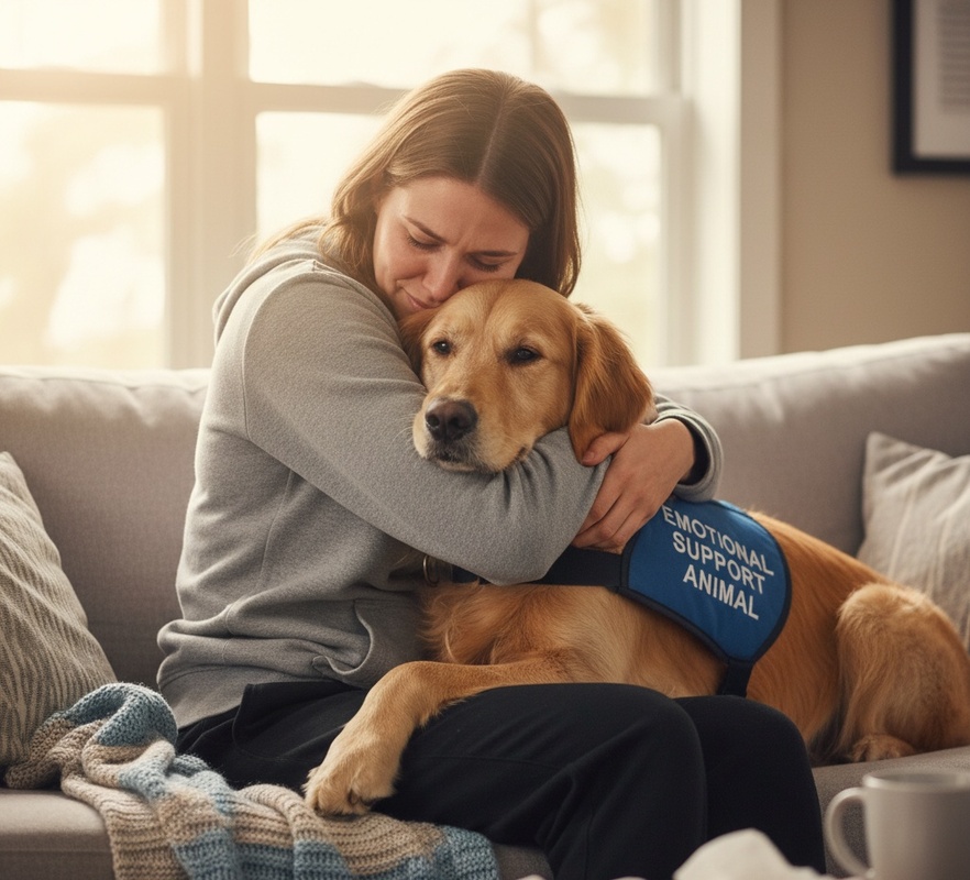 Woman hugging golden retriever Emotional Support Animal dog on a couch.