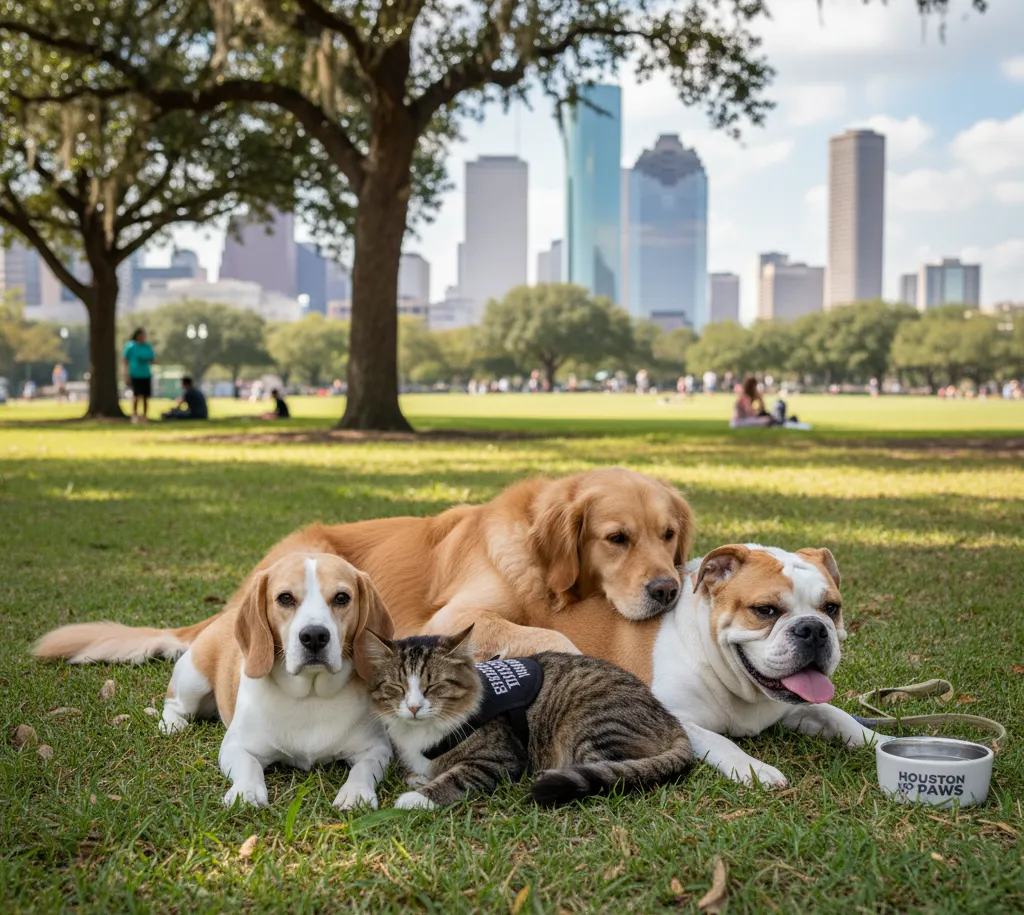 A golden retriever, a lemon beagle, and an English bulldog are lying together on the grass in a sunny park. A tabby cat wearing a harness that says "EMOTIONAL SUPPORT" is nestled between the beagle and the bulldog, resting its head near the golden retriever. In the background, the modern skyline of downtown Houston is visible beneath scattered trees. A water bowl labeled "HOUSTON PAWS" sits next to the bulldog.