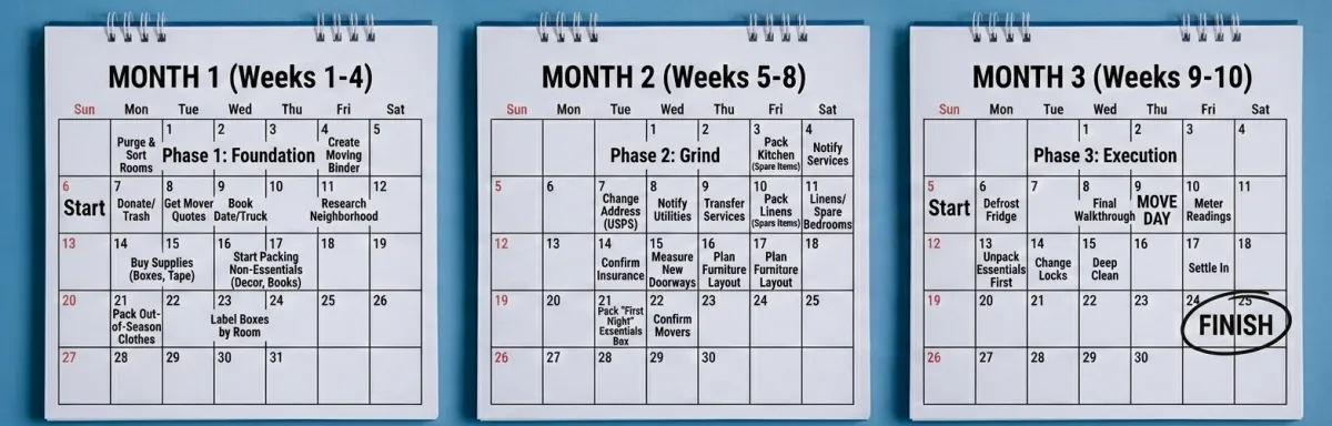 A visual 10-week "Smooth Move" Game Plan calendar, breaking down the moving process from initial purging to final move-in day.
